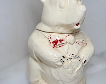 Vintage McCoy Pottery Bear Cookie Jar 1940s rare Polar Bear or Bear in Vest signed on bottom with early McCoy stamp baker gift