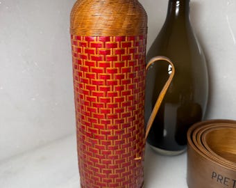 Vintage woven wicker thermos bottle mid-century hot water carafe Insulated blown glass bottle carafe 1950s European mid-century picnic set