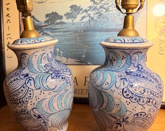 Fajalauza Granada Spain hand painted Andalusian pottery lamp pair vintage mid 20th century handmade ceramic lamps Lebrillo pomegranates