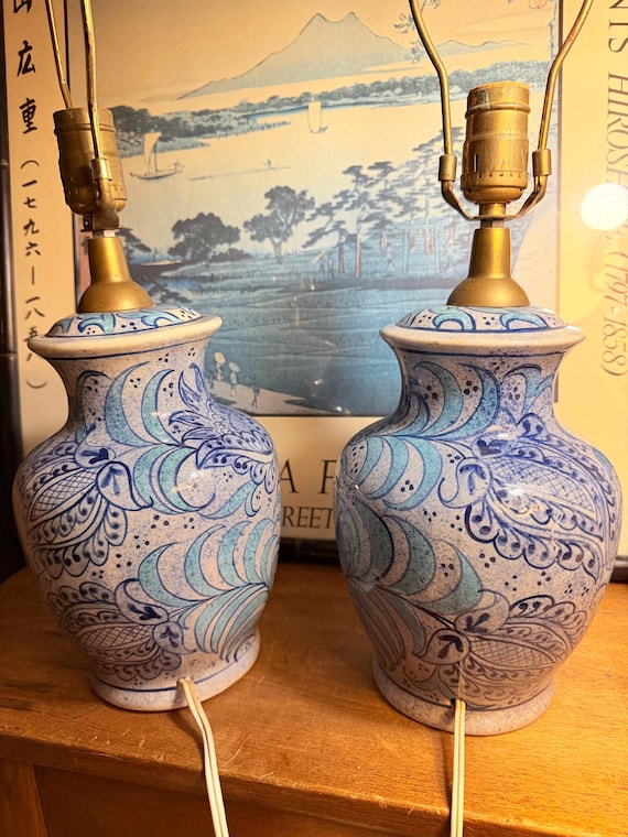 Fajalauza Granada Spain hand painted Andalusian pottery lamp pair vintage mid 20th century handmade ceramic lamps Lebrillo pomegranates