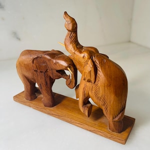 Elephant Sculpture Wooden Hand Carved Pair of Elephants Bookshelf Decor 1970s Animal Carvings Sandalwood