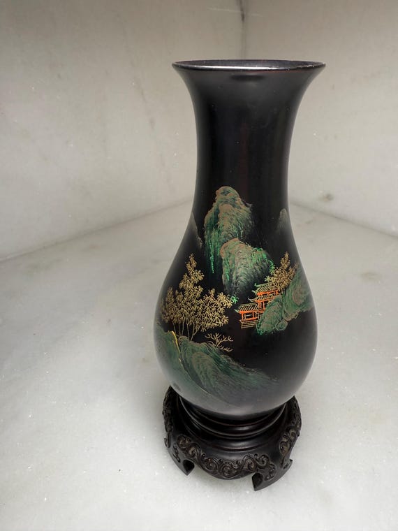 Vintage Chinese Fuzhou (foochow) Black Lacquer Vase Hand-painted