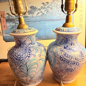 Fajalauza Granada Spain hand painted Andalusian pottery lamp pair vintage mid 20th century handmade ceramic lamps Lebrillo pomegranates image 2