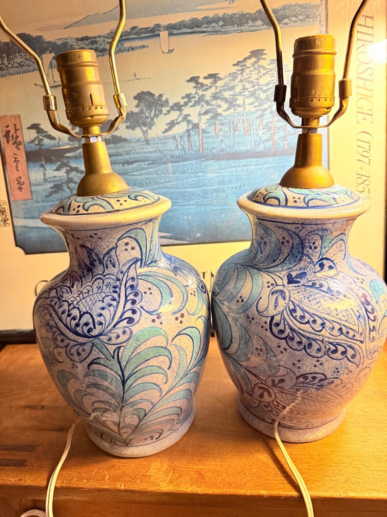 Fajalauza Granada Spain hand painted Andalusian pottery lamp pair vintage mid 20th century handmade ceramic lamps Lebrillo pomegranates image 2