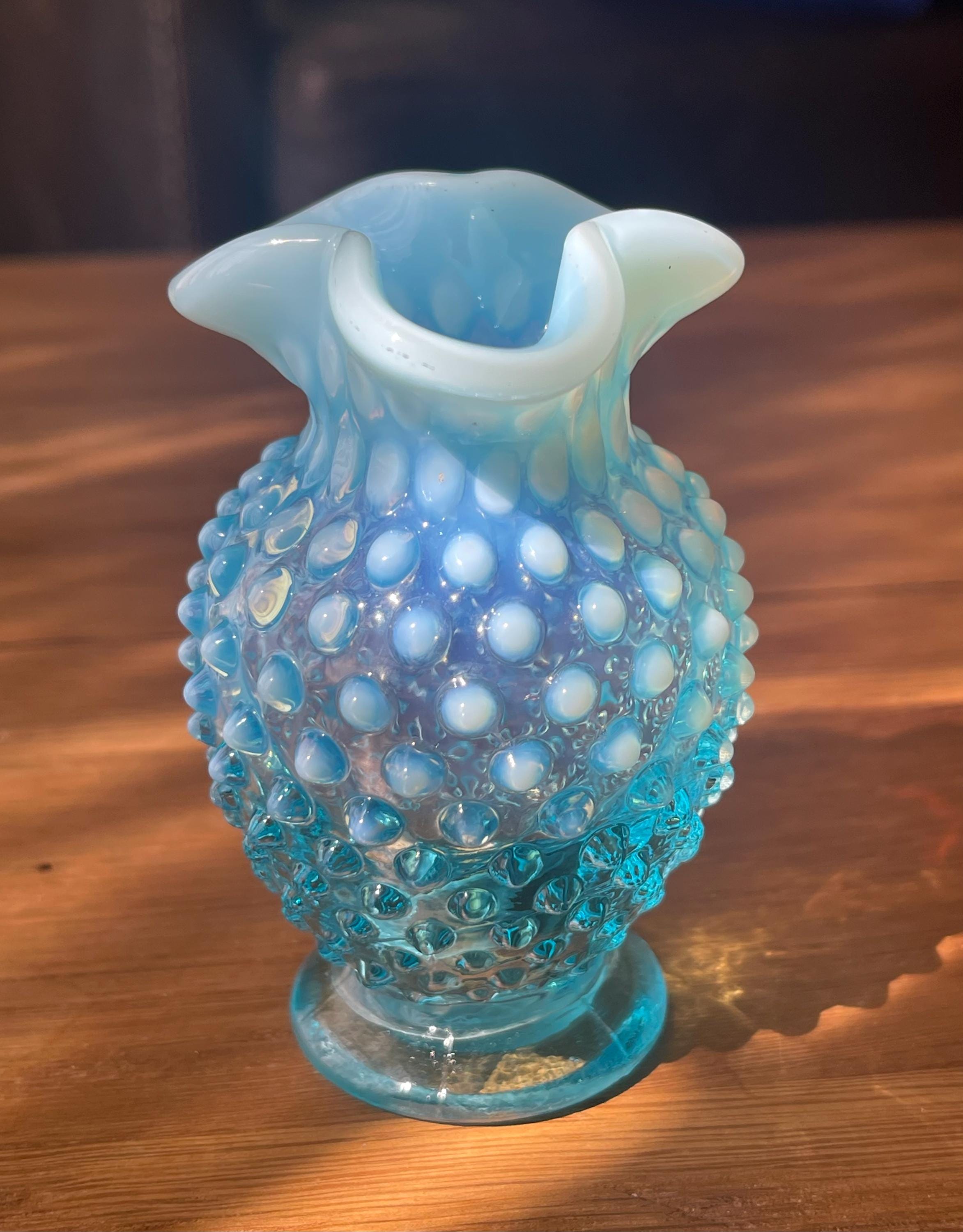 Vintage Fenton Blue Hobnail Vase, Turquoise Opalescent Glass