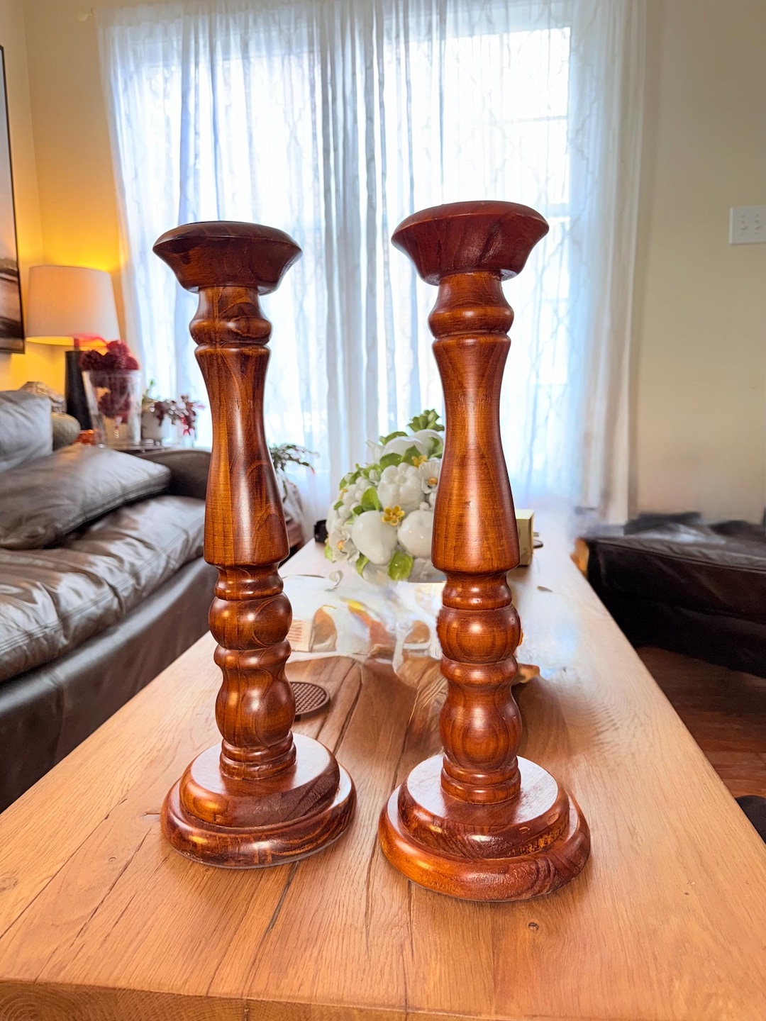 Vintage Turned Wood Candle Holder Set Candlestick Holders (2) 18 in ...
