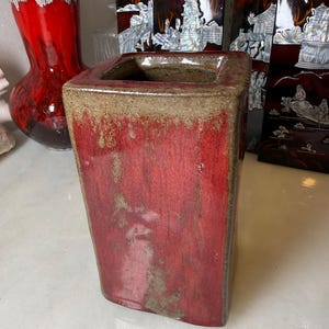 Vintage brutalist studio pottery square chimney planter vase oxblood red glaze rectangular heavy sang de boeuf oxblood mid-century modernist