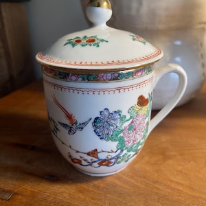 Vintage Chinese Porcelain Famille Rose Lidded Tea Mug Jar Chrysanthemum Hand Painted Porcelain Jar Housewarming Gift