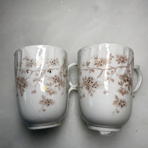 Antique Art Nouveau Austrian tea cups or espresso cups in fine porcelain w brown transferware floral pattern LS&S Carlsbad Austria gift