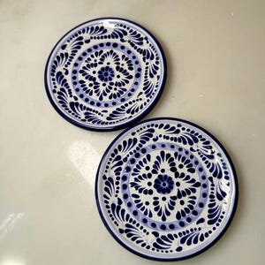 Vintage Mexican Talavera ceramic plates (2) hand-painted blue and white floral patterns majolica pottery handmade in Puebla, Mexico