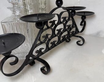 Vintage wrought iron centerpiece candelabra Spanish Revival or Gothic style scroll design centerpiece contains five spiked candle holders