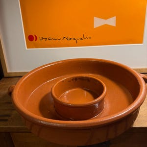 May include: A round, terracotta-colored clay serving dish featuring a wide outer rim and a smaller, elevated circular bowl integrated into the center. The vessel has two small side handles and a smooth, unglazed finish throughout the interior.