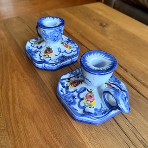 Portuguese Candlestick Holder Set of 2 Hand Made Painted Vintage Vestal Alcobaca Portugal Flower Pottery Housewarming Gift