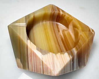 Mid Century Modern Italian Onyx Ashtray tobacciana or vide Poche keys dish genuine Onyx stone beige and cream Circa 1950s- 1960