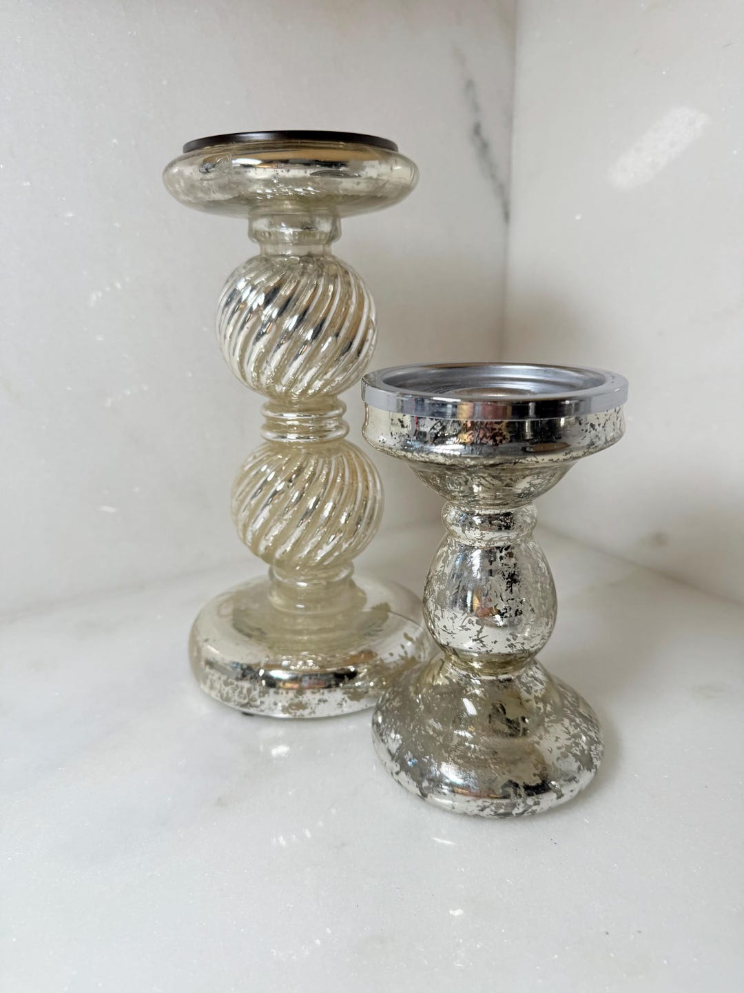 Vintage Mercury Glass Pillar Candle Holders Set of 2 Antiqued Silver ...