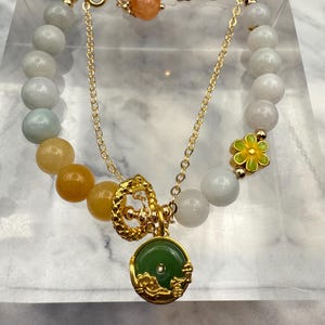 Jade Dragon Charm Bracelet – Multicolor Jade Beads with Green Donut Pendant | Adjustable Feng Shui