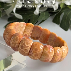 Coral Jade Soft Bangle Stretch Bracelet Peach Honey Fossil Pattern | Polished Gemstone Jewelry