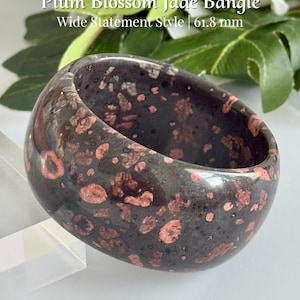 Plum Blossom Natural Jade Bangle 61.8 mm Black Red White Stone | Wide Statement Bracelet