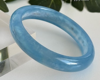 Certified Aquamarine Bangle 59.5mm Sky Blue Gemstone | Translucent Cloud Pattern Polished Natural Stone Bracelet