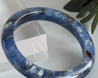 Kyanite in Quartz Bangle Blue Crystal Bracelet 58mm | Natural Gemstone Jewelry Everyday Luxury
