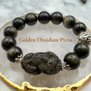 Golden Obsidian Pixiu Bracelet – Feng Shui Wealth Protection Bracelet for Men & Women | Abundance Jewelry | Large Wrist Beaded Bracelet