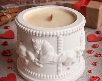 Carousel Horse Soy Candle in Handmade Gypsum Jar | Wooden Wick Candle | Valentine’s Gift | Romantic Home Decor | Handmade Candle