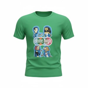 May include: Green t-shirt featuring a cartoon graphic from the animated series "Clone High." The graphic includes four character illustrations and the show's logo in white text. The shirt is made of a soft material.