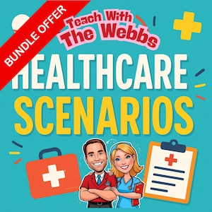 Puede incluir: Gráfico colorido con el texto "Teach With The Webbs" y "Healthcare Scenarios". La imagen incluye ilustraciones de un médico, una enfermera, un botiquín y una carpeta con un símbolo médico. Una pancarta roja dice "Oferta de paquete".