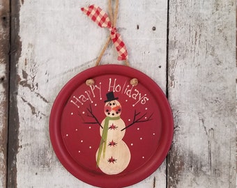 Primitive Country Snowman Happy Holidays Vintage Tin Primitive Christmas Hand Painted Sign