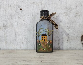 Primitive Country Farm House Scene  Modern Nip Bottle  Americana Decor  Primitive Decor  Country Decor  Summer Decor Colonial Decor # B2