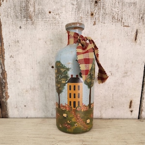 Primitive Painted Vintage Bottle  Farm Scene  Primitive Country Decor  Colonial House   Colonial Barn  Colonial Decor