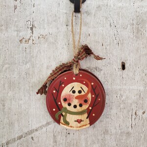 Primitve Snowman Ornament Painted  Vintage Tin Lid Snowman Ornament Painted Snowman Country Christmas Primitive Christmas Kitchen Ornament