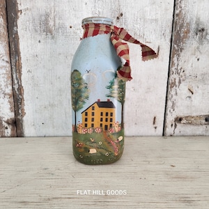 Primitive Painted Milk Bottle  Farm Scene  Primitive Country Decor  Colonial House   Colonial Barn  Colonial Decor #2