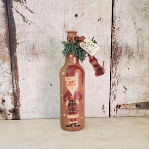 Primitive Santa Bottle  Primitive Santa  Rustic Santa  Painted Santa  Primitive Christmas  Winter Decor  Christmas Decor Christmas Wreath