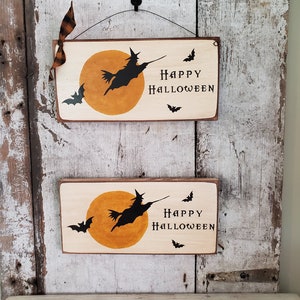 Rustic Happy Halloween Sign, Primitive Witch & Bats Decor zdjęcie 3