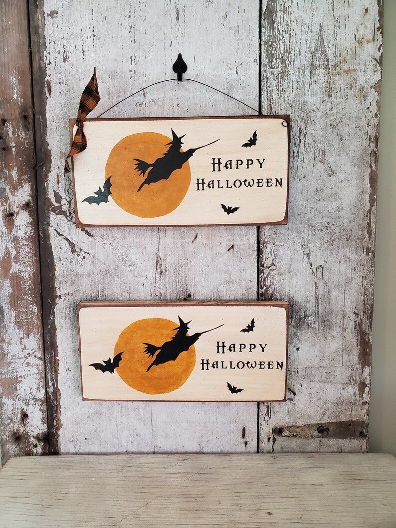 Rustic Happy Halloween Sign, Primitive Witch & Bats Decor zdjęcie 3