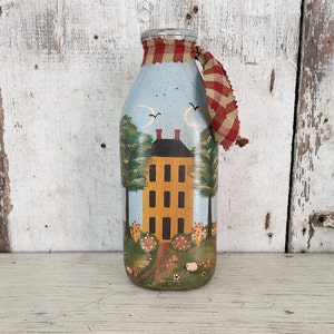 Primitive Painted Milk Bottle  Farm Scene  Primitive Country Decor  Colonial House   Colonial Barn  Colonial Decor #3