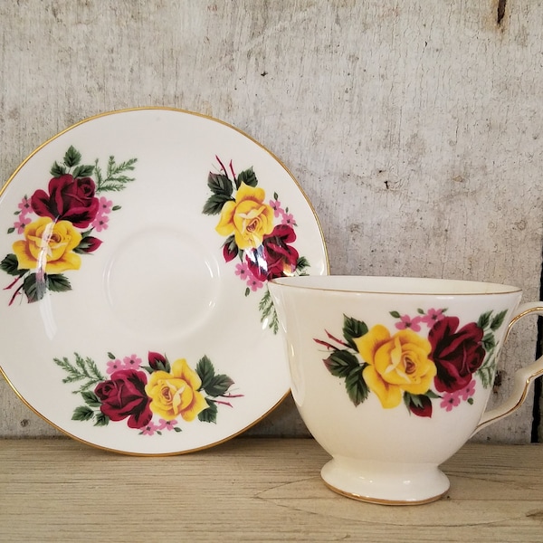 Queen Anne China Tea Cup   Yellow Rose Deep Pink / Red Rose   Flowered Tea Cup  Vintage China Tea cup