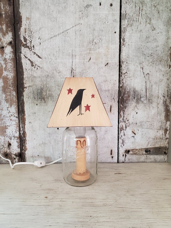 Bell Jar Table Lamp Primitive Country Lamp Crow Decor Star Decor Table Lamp Country Decor Primitive Decor Rustic Decor Farm House Decor