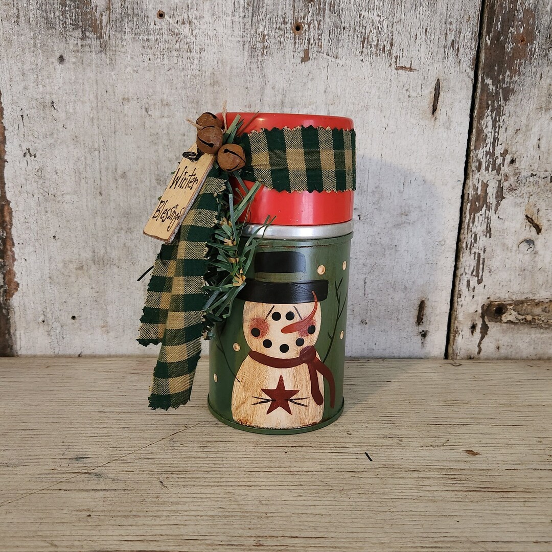 Primitive Snowman Painted on Vintage Thermos Country Christmas Etsy