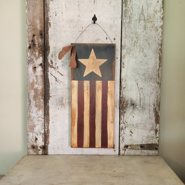 Primitive Americana Painted Wood Flag Sign Patriotic Summer Independence Day Stars & Stripes Country Decor 4th of July  Hand Painted