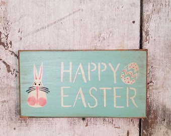 Primitive Easter Hand Painted Wood Sign  Primitive Bunny  Spring Decor  Hand Painted Country Bunny Primitive Country Wall Decor Shelf Sitter