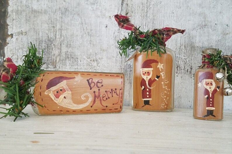 Primitive Santa Bottles Set Of 3 Rustic Christmas Country Etsy