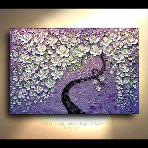 ORIGINAL Painting 24x36 Purple White Green Abstract Art painting tree flower Large  Modern Contemporary Painting by OTO