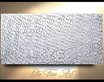 Metallic Silver Abstract Impasto Painting: Textured Wall Decor Art