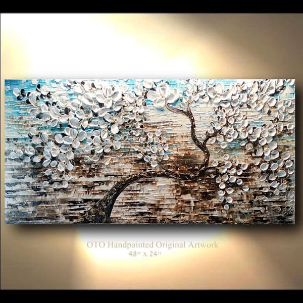 Oil Painting White Flower Art Abstract Tree Landscape Painting Art on Canvas Wall Decor Floral Artwork Textured Art Original painting