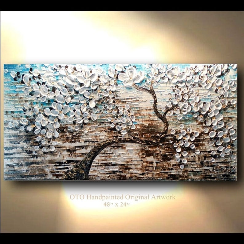 Oil Painting White Flower Art Abstract Tree Landscape Painting Art on Canvas Wall Decor Floral Artwork Textured Art Original painting image 1