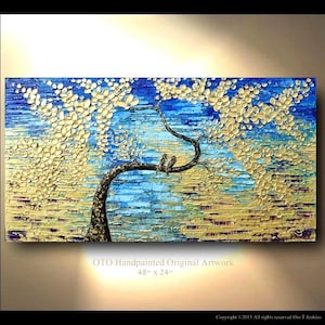 Bird on Branch Tree Painting Gold Artwork Birds on canvas Blue Purple Art Flowering Tree,Swallow painting Two Bird Sparrow Original By OTO