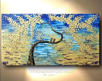 Bird on Branch Tree Painting Gold Artwork Birds on canvas Blue Purple Art Flowering Tree,Swallow painting Two Bird Sparrow Original By OTO