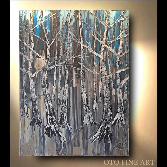 Blue and Gray 24x36 Textured Tree Art, Original Painting on Canvas, Ready  to Ship 